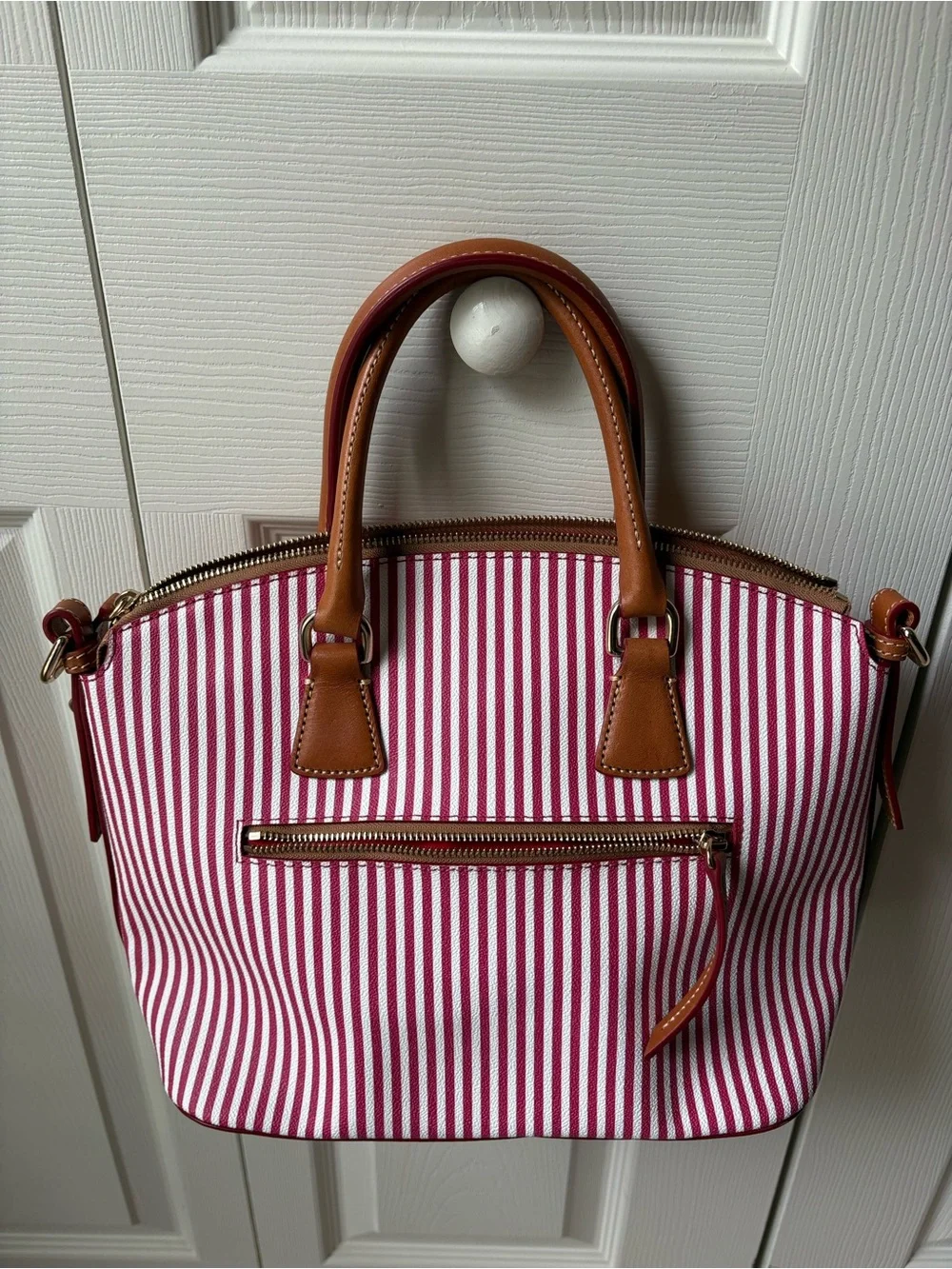 Dooney & Bourke Red and White Striped Satchel with Brown Trim